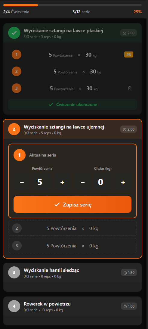 Lista planów treningowych w aplikacji FitPlanAI